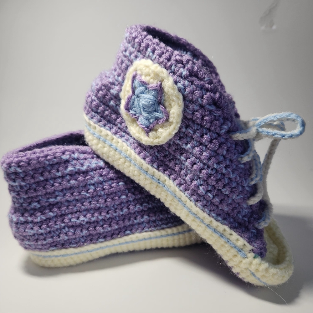 Purple and Cream Crochet Slippers